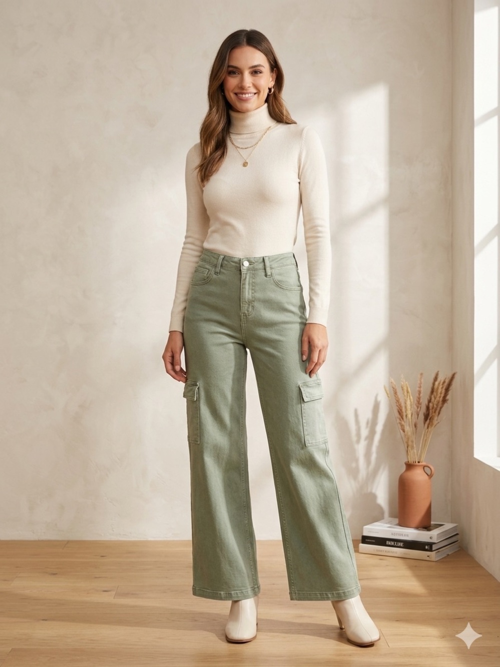 High-Rise Wide Leg Cargo Jeans in Sage Green